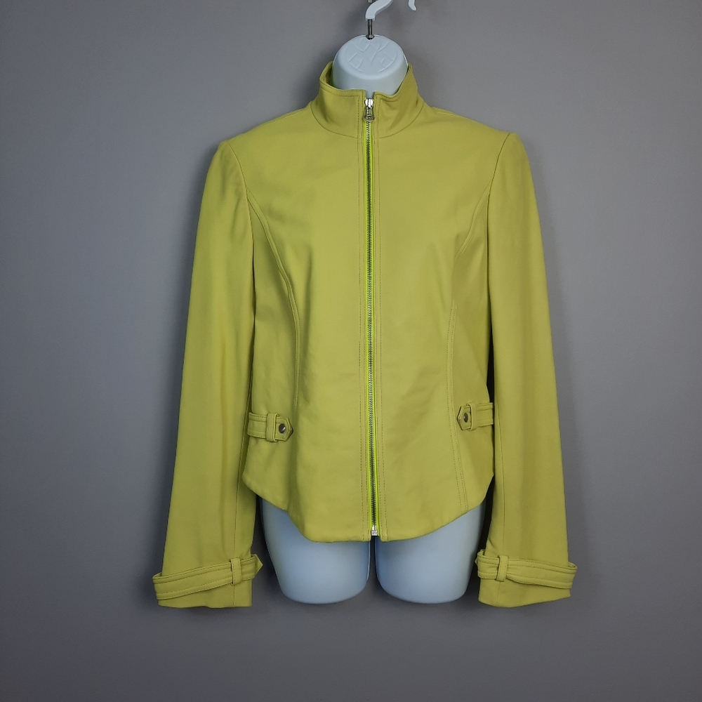 David Meister Neon Yellow Genuine Leather Jacket size 8